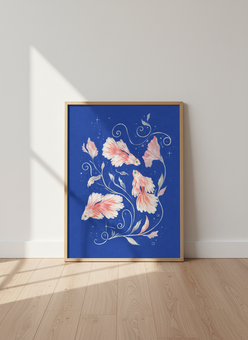 Pink Betta Fish Art Print | Blue Aesthetic Wall Decor, Nature Lover Gift