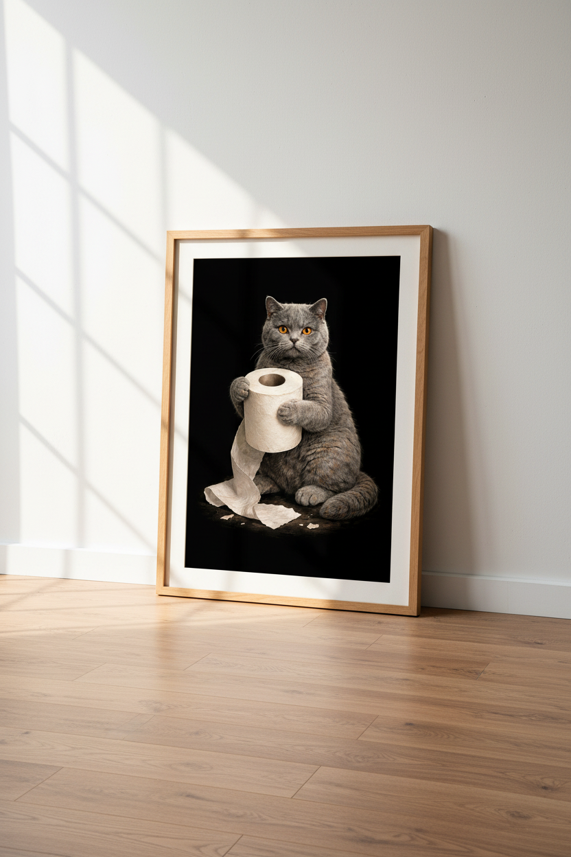Humorous Cat Toilet Paper Wall Art Print | Bathroom Decor | Funny Pet Poster | British Shorthair Lover Gift
