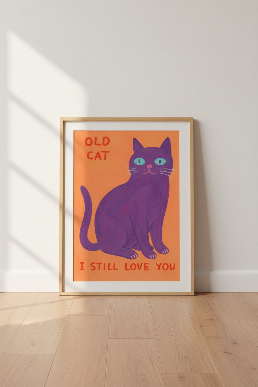 Humorous Cat Art Print | Modern Pet Lover Home Decor | Quirky Framed Wall Art Poster | Old Cat I Still Love You