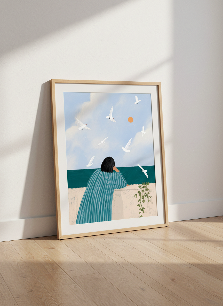 Woman Ocean View Wall Art | Coastal Living Room Decor | Peaceful Seagull Print