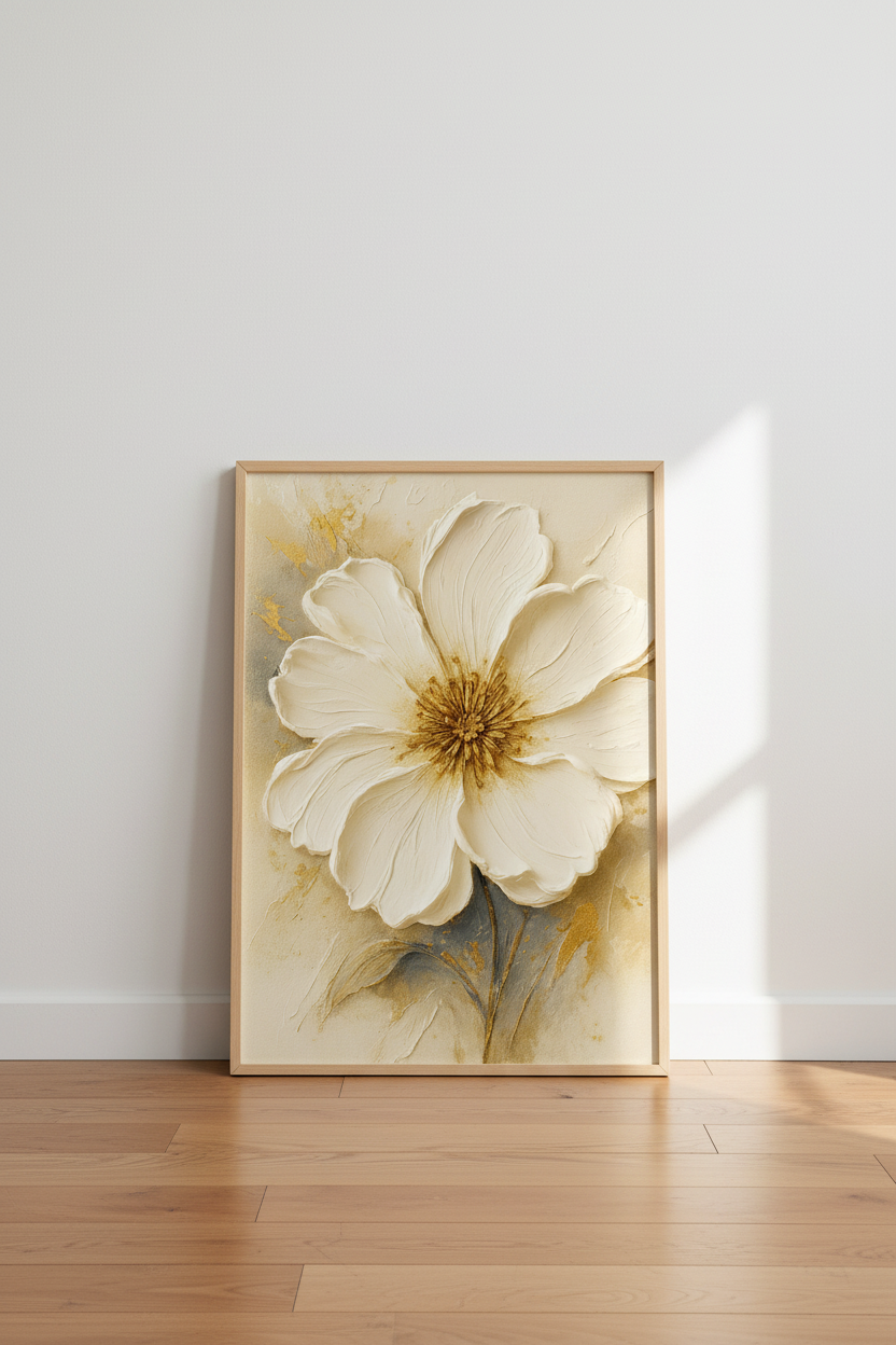 Textured Floral Wall Art Print | White Flower Gold Leaf Modern Decor | Cream Botanical Canvas Painting Large Poster