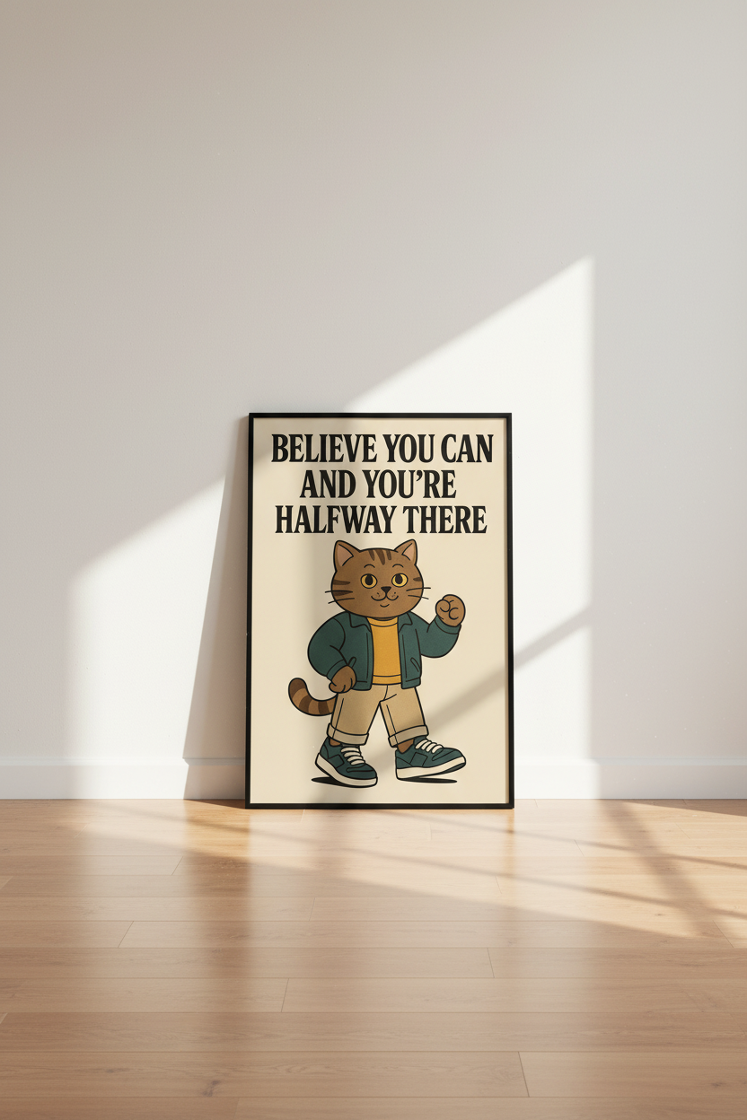 Retro Cartoon Cat Wall Art Print | Believe You Can Motivational Nursery Decor | Aesthetic College Dorm Poster