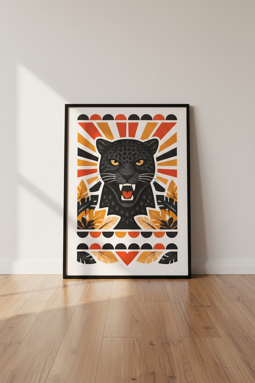 Fierce Black Panther Wall Art Print | Bold Geometric Jungle Decor | Roaring Wildlife Poster | Modern Animal Home Decor