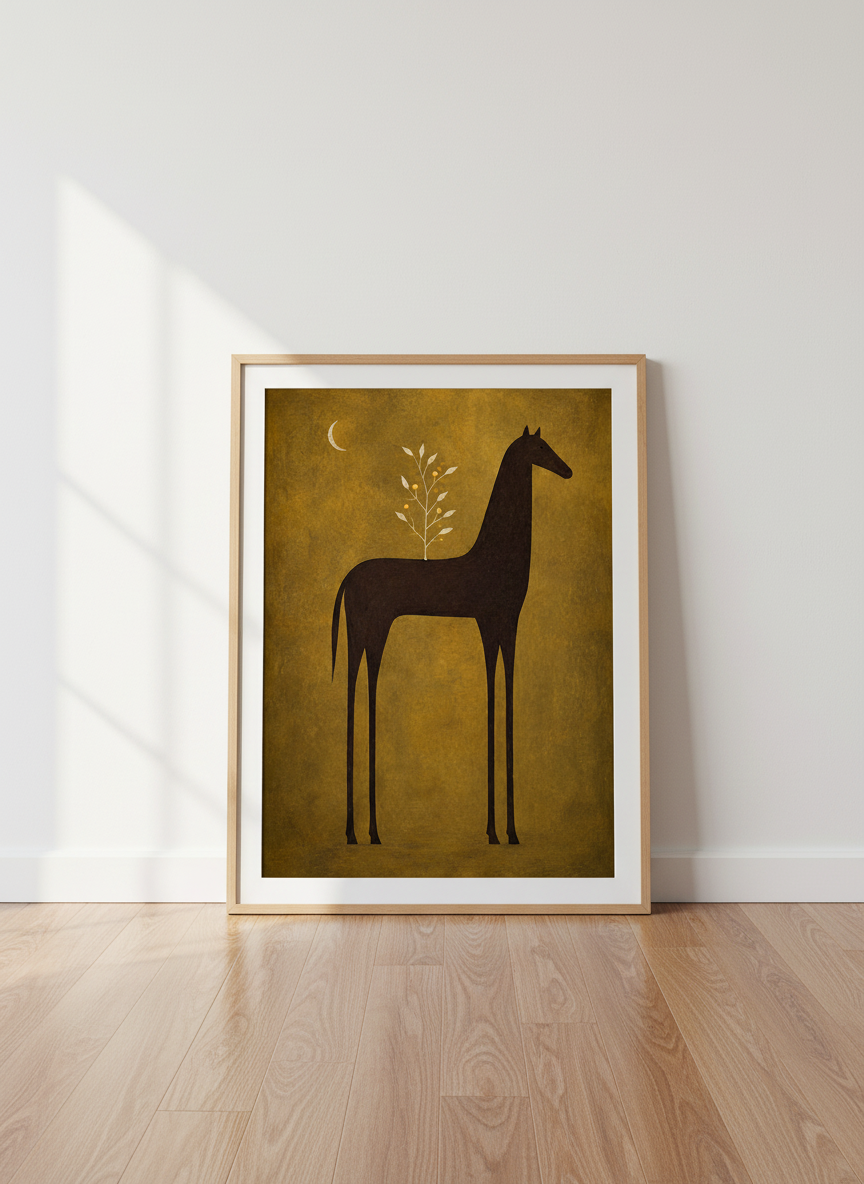 Mystical Horse Wall Art | Abstract Animal Print, Gold Home Decor | Boho Nursery Poster