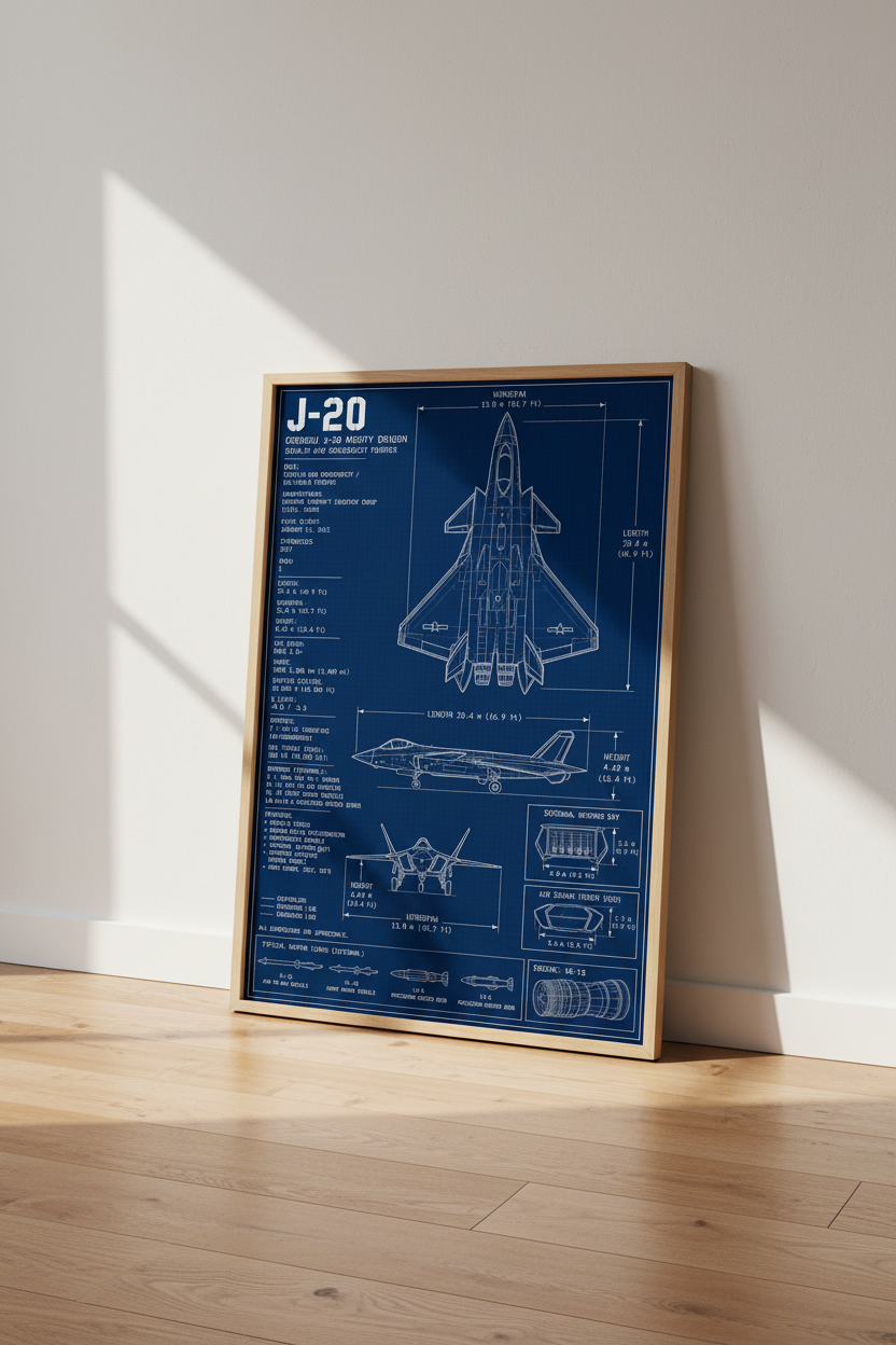 J-20 Mighty Dragon Blueprint Wall Art | Mancave Decor | Aviation Blue Poster
