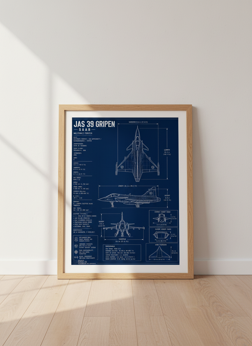 JAS 39 Gripen Fighter Blueprint Art | Aviation Decor, Man Cave Gift, Pilot Print