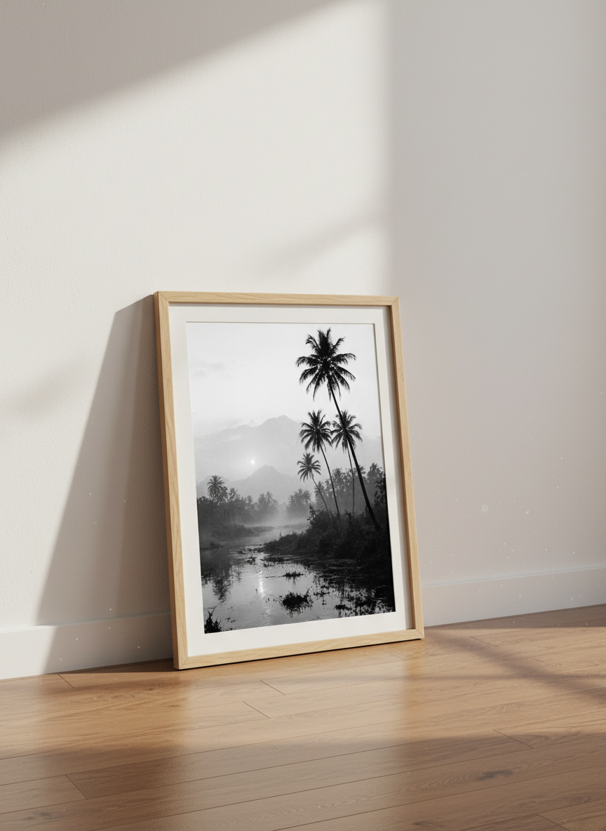 Minimalist Black & White Jungle River Wall Art Print | Tropical Home Decor | Nature Photography Poster | Moody Landscape