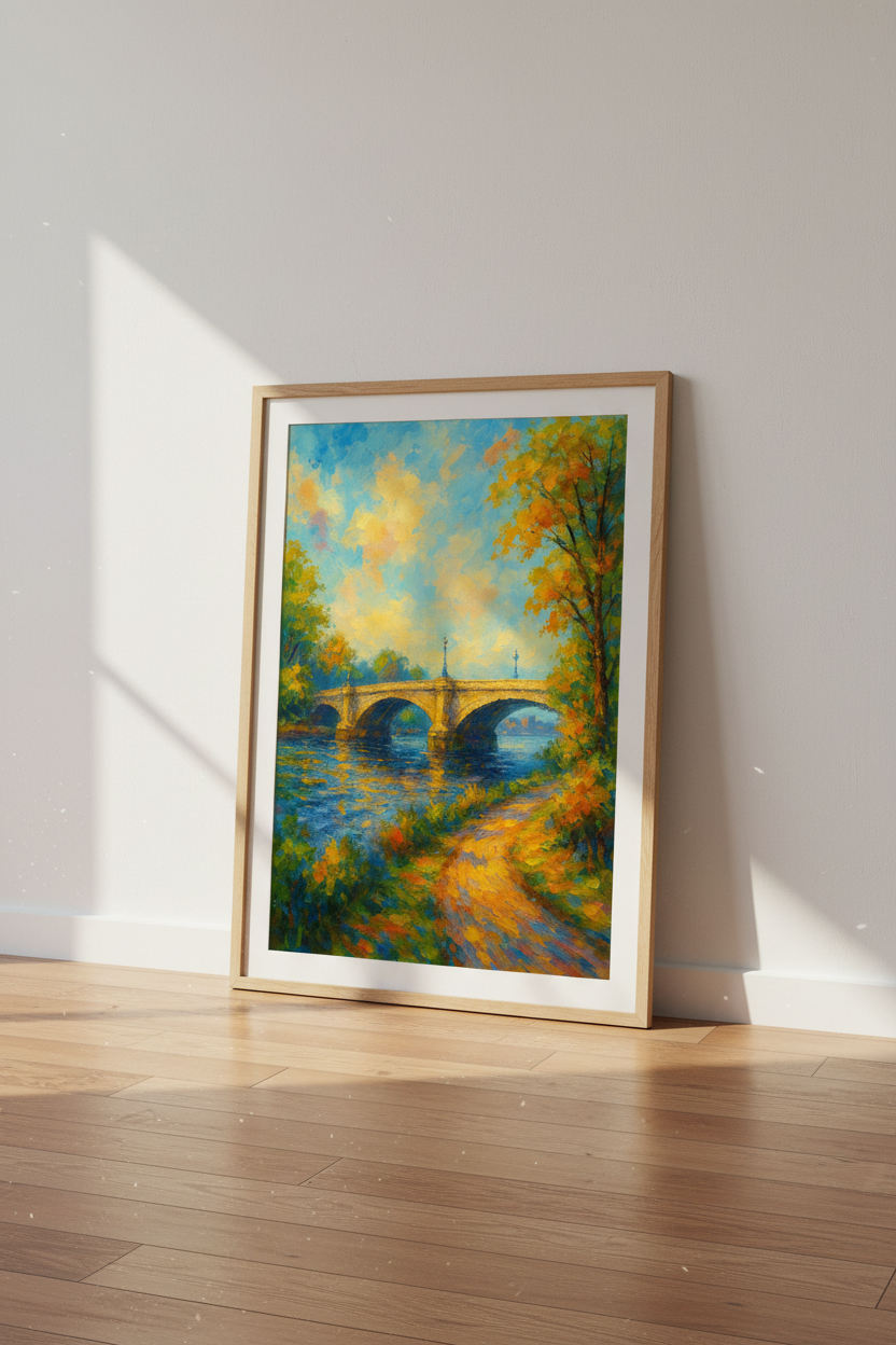 Impressionist Bridge Wall Art Print | Vibrant River Landscape Poster | Gold & Blue Home Decor | Autumn Lake Painting