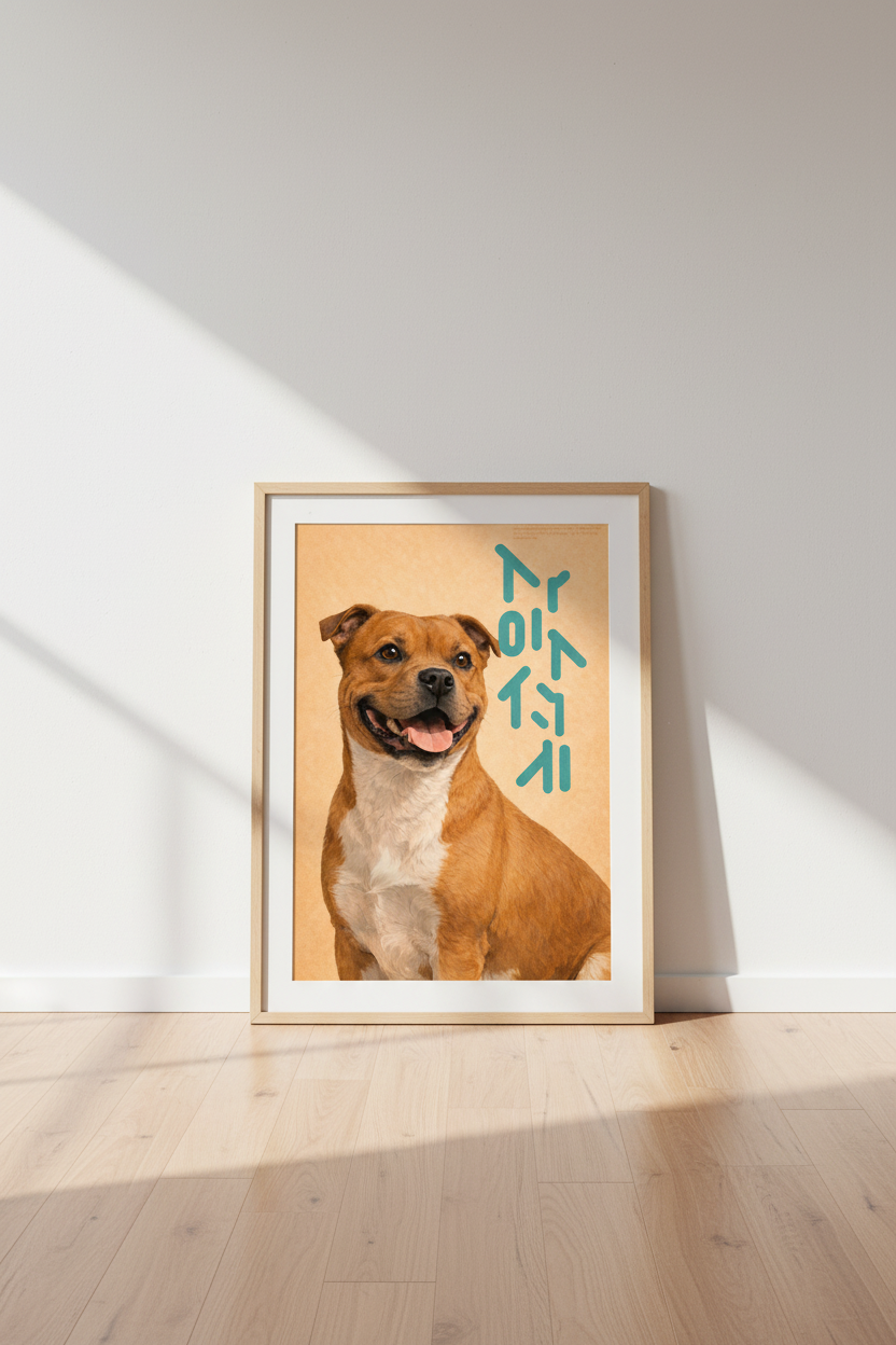 Minimalist Dog Portrait Art Print | Living Room Decor | Cute Pet Lover Aesthetic Framed Poster | Staffy Wall Art Happy Dog