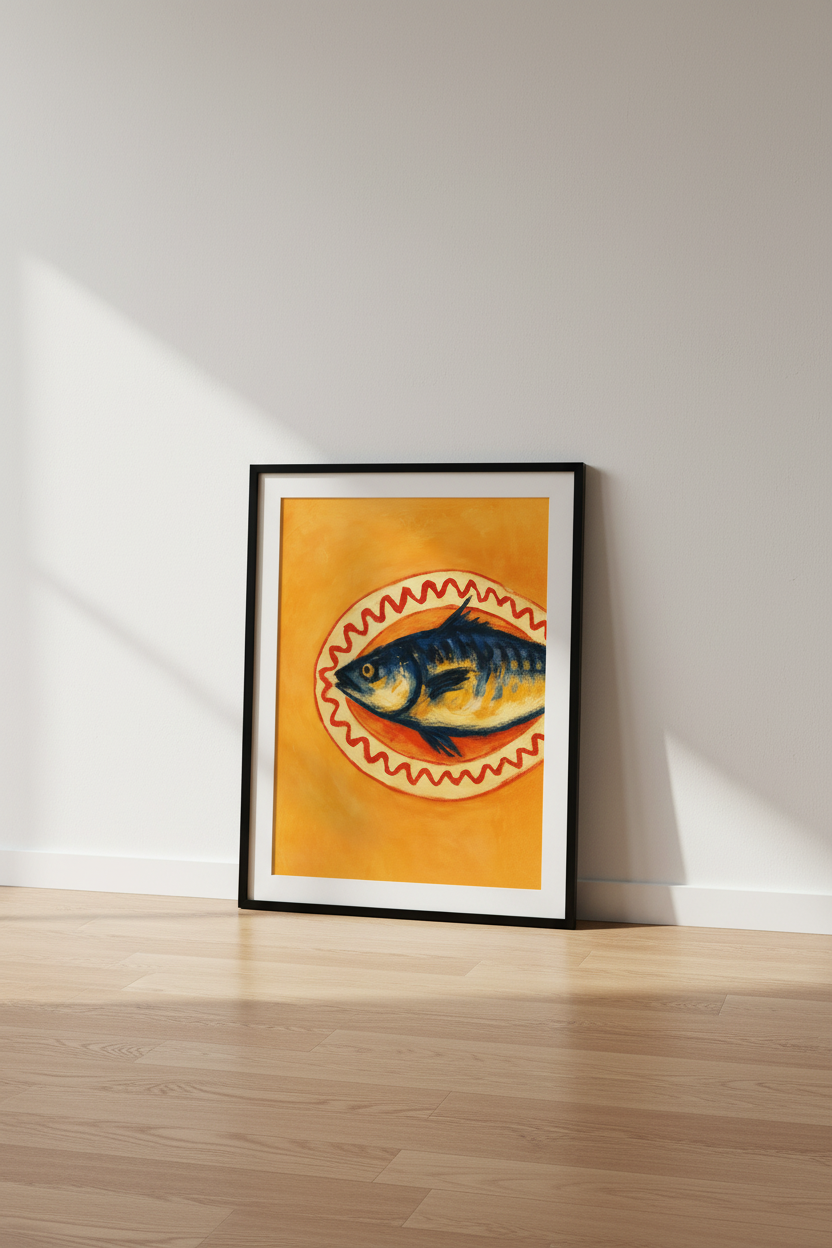 Abstract Fish Wall Art Print | Kitchen Dining Room Decor | Eclectic Coastal Poster | Mediterranean Food Illustration