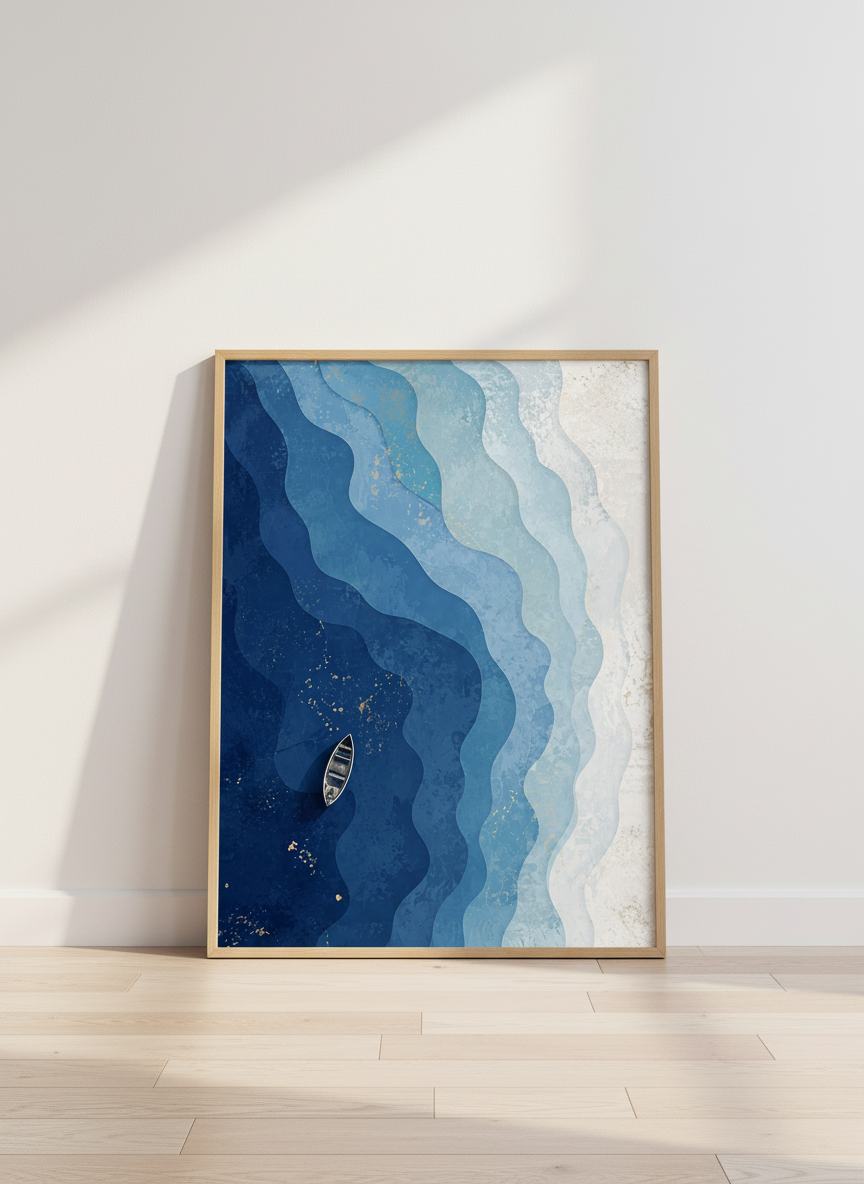 Ocean Waves Boat Art | Abstract Coastal Decor | Blue Nautical Poster Print