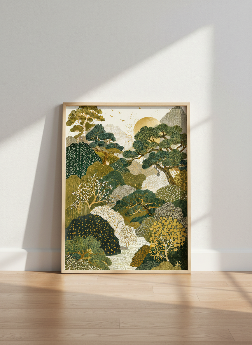 Zen Forest Landscape Wall Art | Japanese Nature Decor, Gold Green Art Print