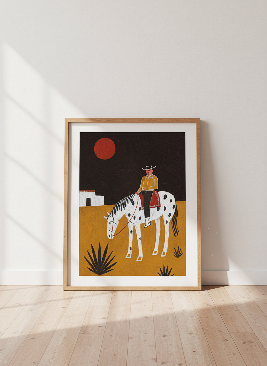 Mexican Cowboy on Horse Wall Art Print | Boho Desert Decor | Western Home Decor | Rancher Art Print | Southwest Poster Print