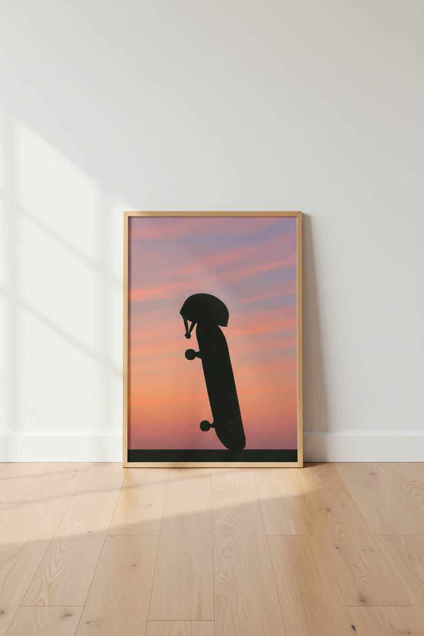 Minimalist Skateboard Sunset Wall Art Print | Teen Room Decor | Aesthetic Framed Poster | Ready to Hang Art