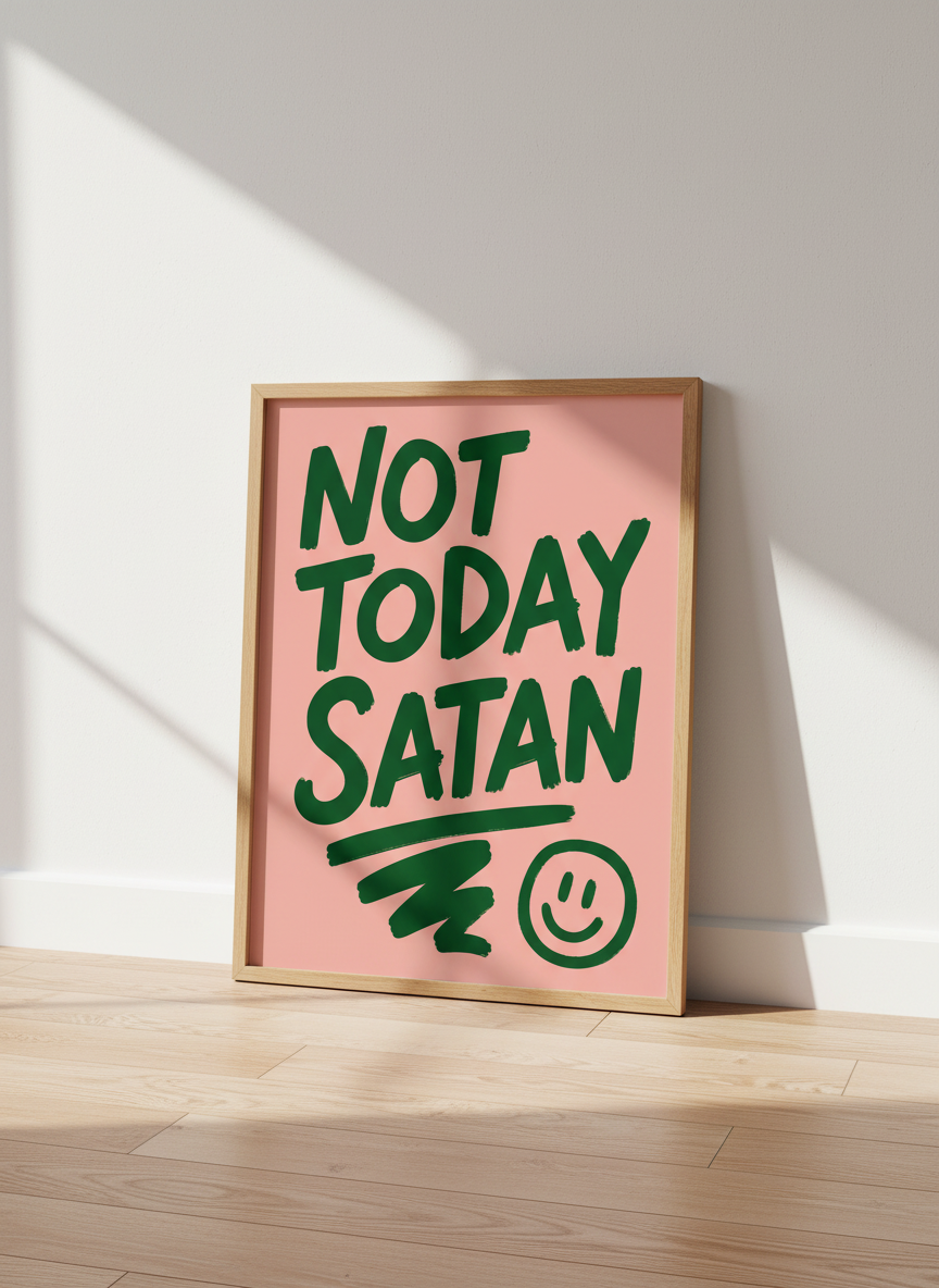 Not Today Satan Print | Empowering Pink Wall Art | Quirky Living Room Decor
