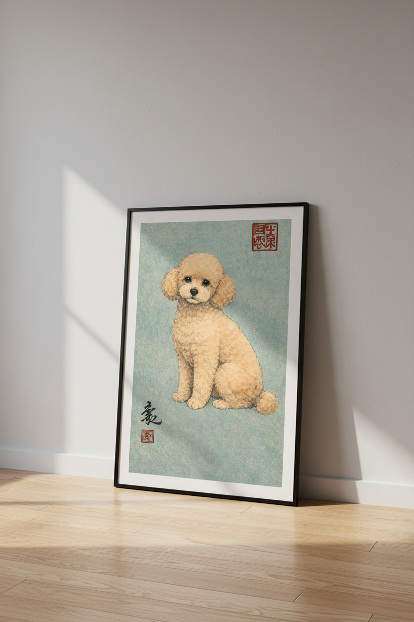 Charming Poodle Dog Wall Art Print - Japanese Style Home Decor Pet Portrait Poster - Beige Poodle Art Print with Kanji
