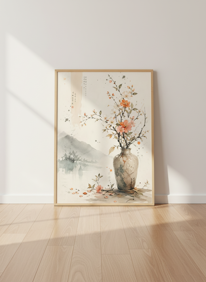 Chinoiserie Floral Vase Wall Art | Serene Asian Landscape Print Hues