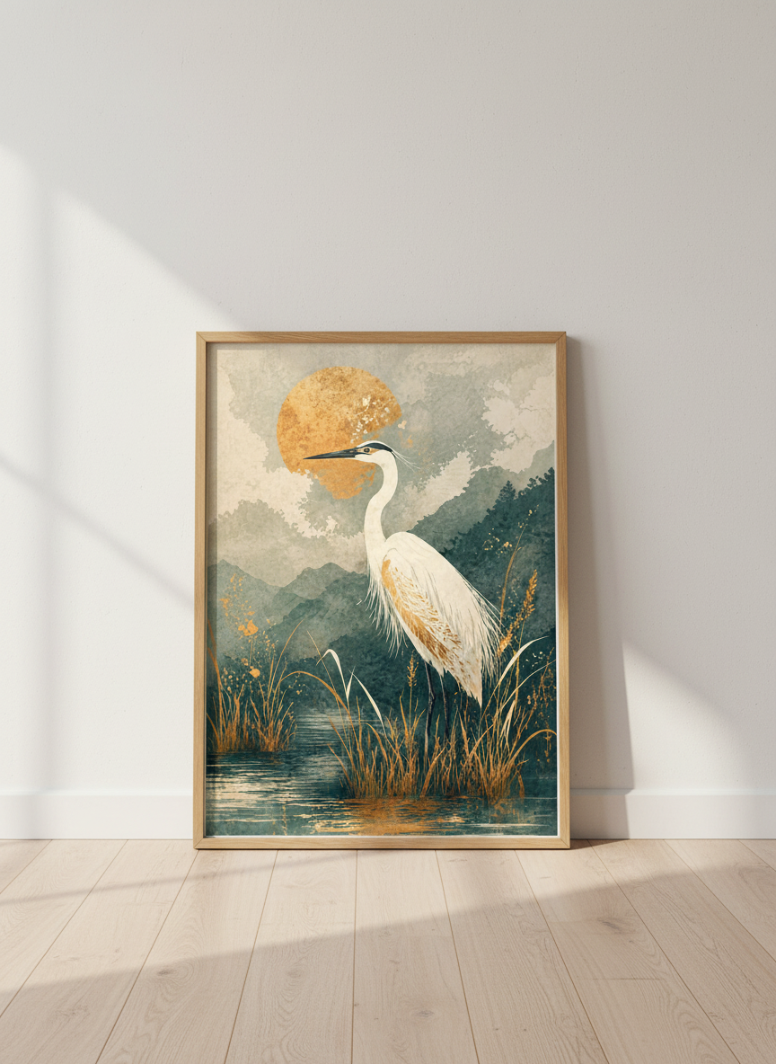 Zen Egret Wall Art Print | Japanese Crane Decor | Serene Nature Poster