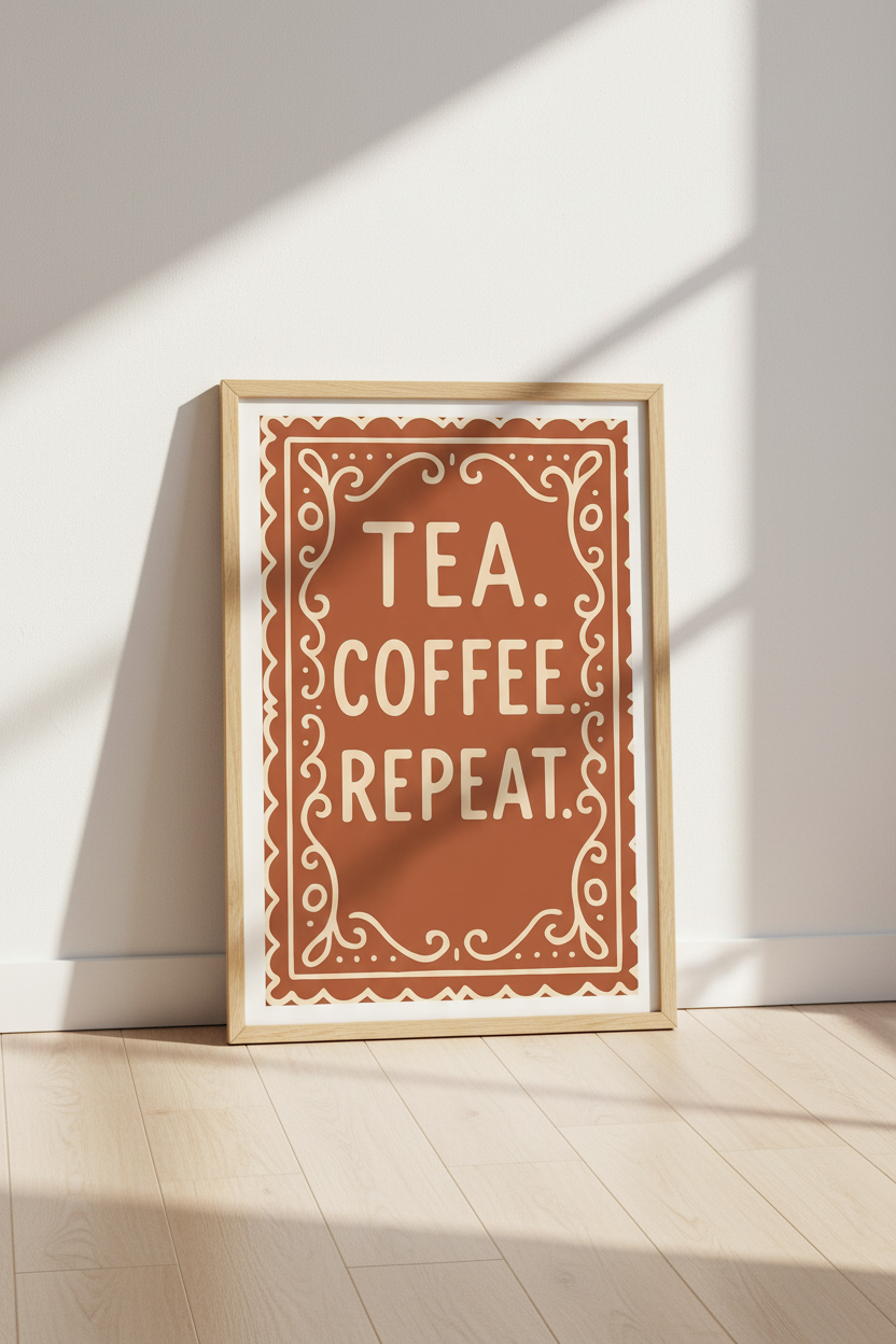 Rustic Ginger Tea Coffee Repeat Wall Art Print | Kitchen Cafe Decor | Coffee Lover Poster | Farmhouse Quote Sign