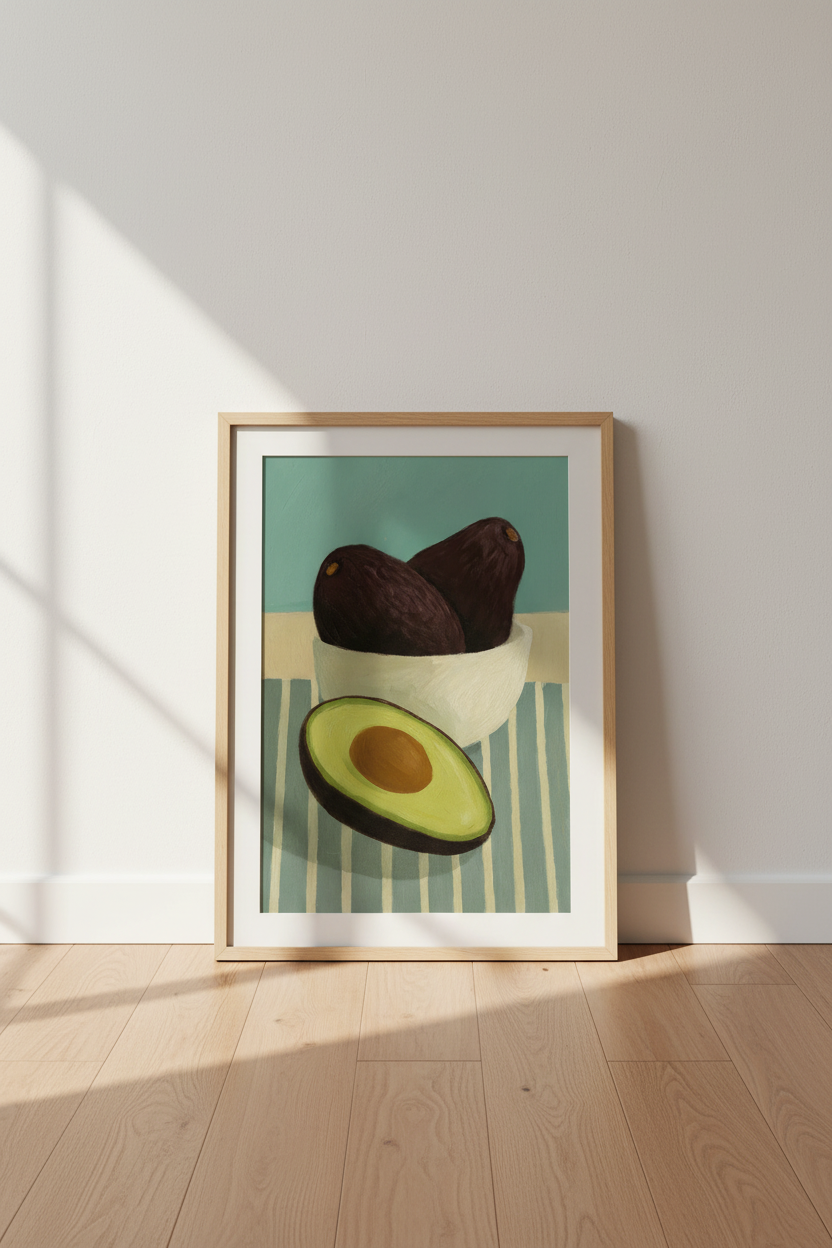 Minimalist Avocado Still Life Framed Wall Art | Kitchen Dining Room Decor | Mid Century Modern Food Poster Print
