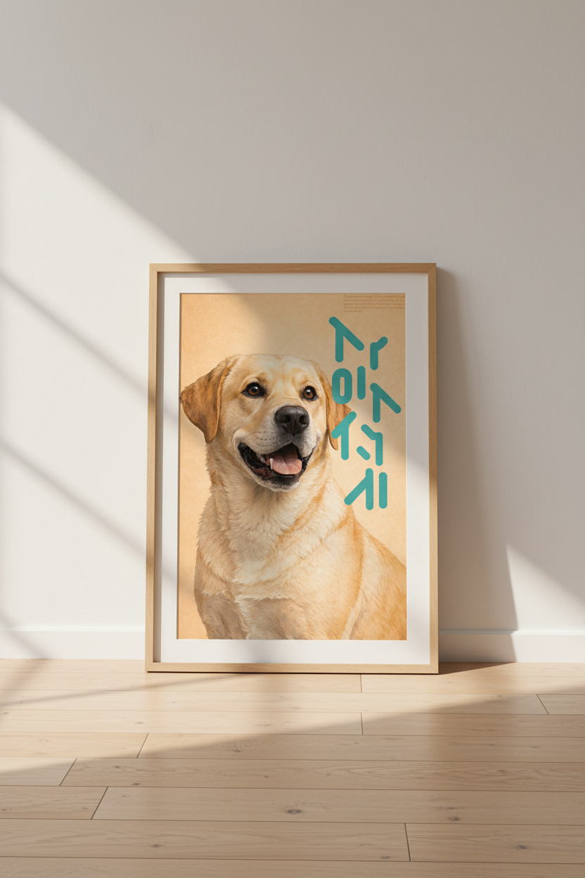 Golden Labrador Wall Art Print | Warm Gold & Teal Japandi Script
