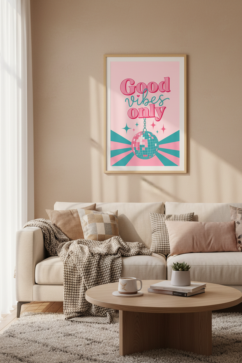 Disco Ball Wall Art Print | Pink Good Vibes Only Decor | Retro Aesthetic Poster