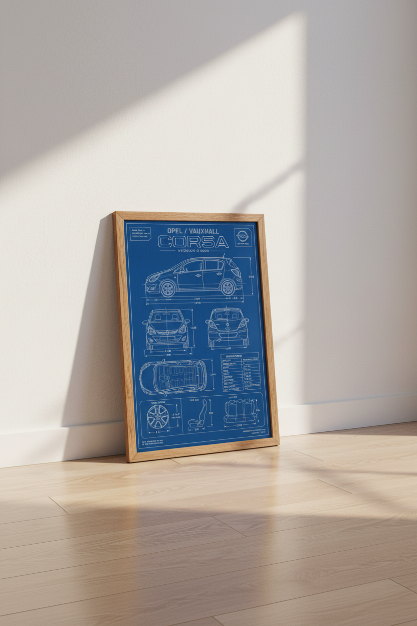 Opel Corsa D Blueprint Wall Art | Automotive Schema Poster, Garage Decor