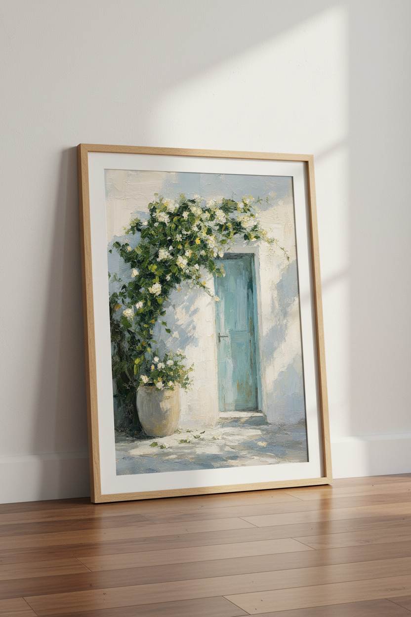 Blue Mediterranean Door Oil Painting | Coastal Floral Wall Art, Greek Decor Poster