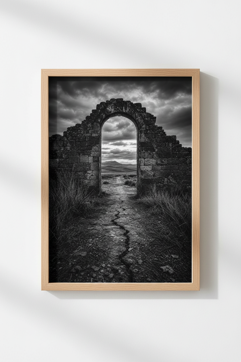 Gothic Landscape Print | Dark Academia Stone Archway, Moody Black and White Poster