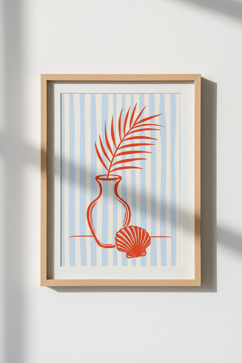 Mediterranean Vase & Shell Wall Art | Blue Striped Coastal Decor | Summer Aesthetic Poster