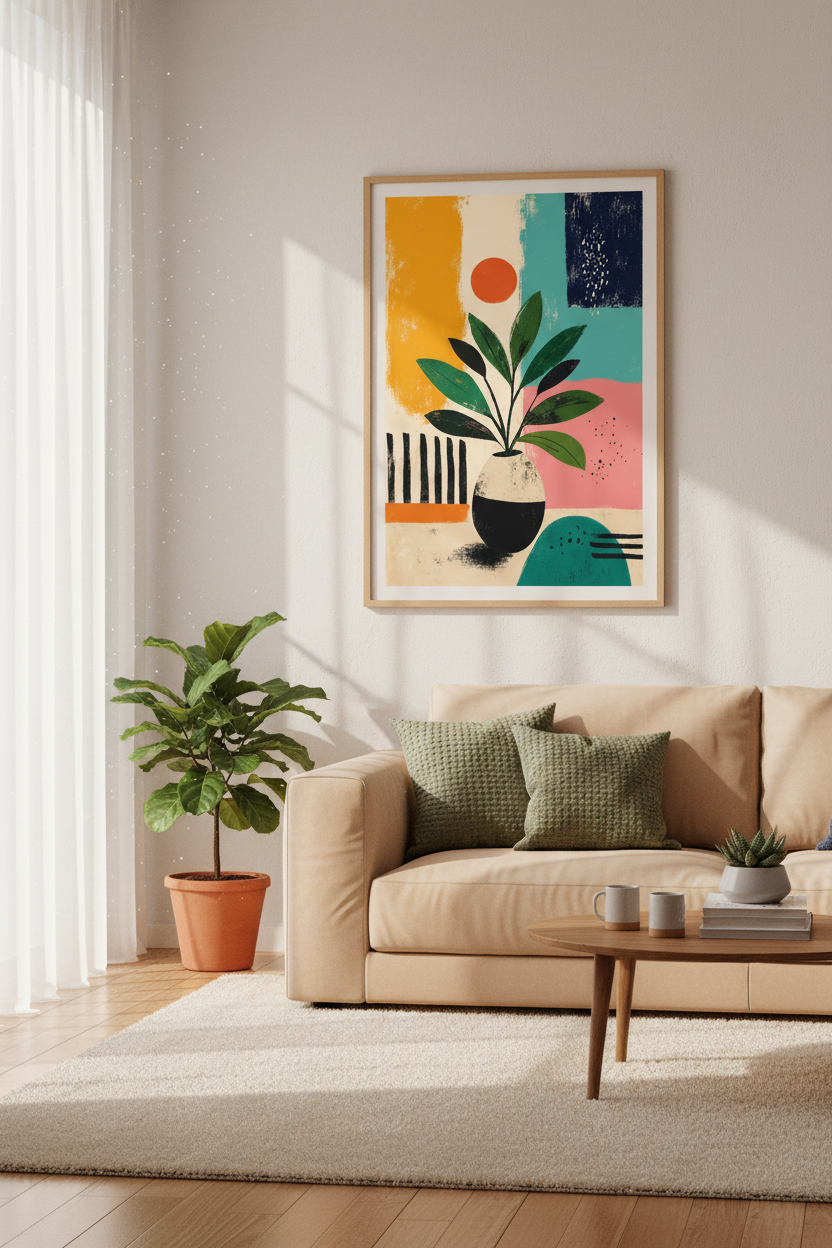 Abstract Botanical Still Life Print | Colorful MCM Wall Art, Living Room Decor