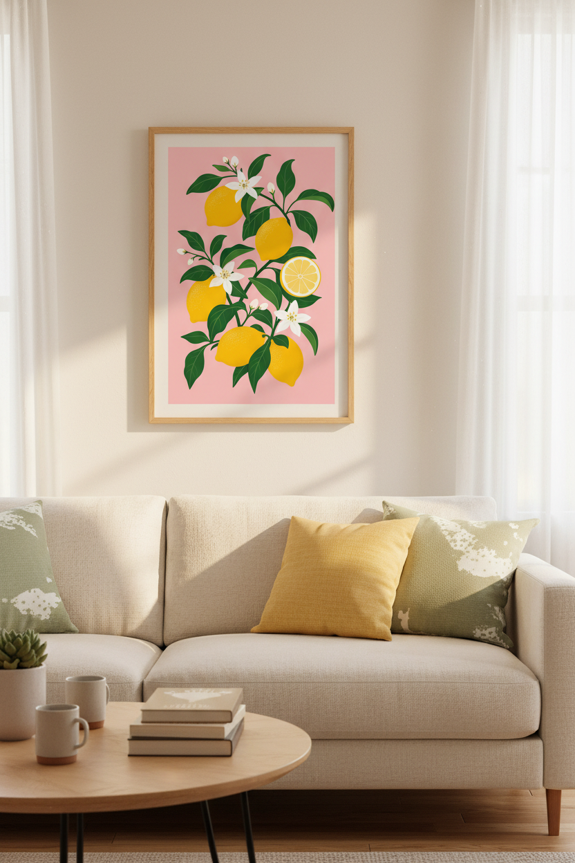 Lemon Wall Art Print | Mediterranean Citrus Kitchen Decor | Modern Pink Floral Poster