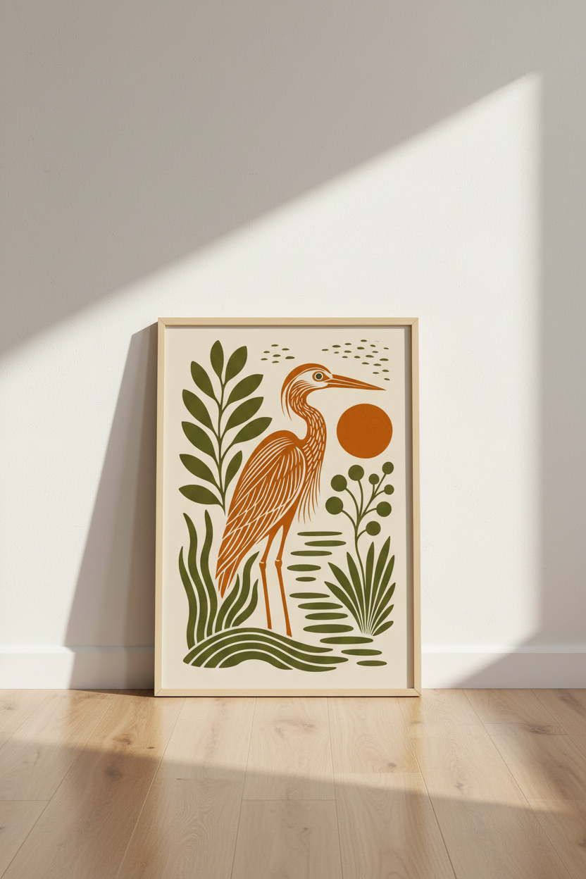 Folk Heron Wall Art | Mid Century Modern Bird Poster, Earthy Boho Living Room Decor
