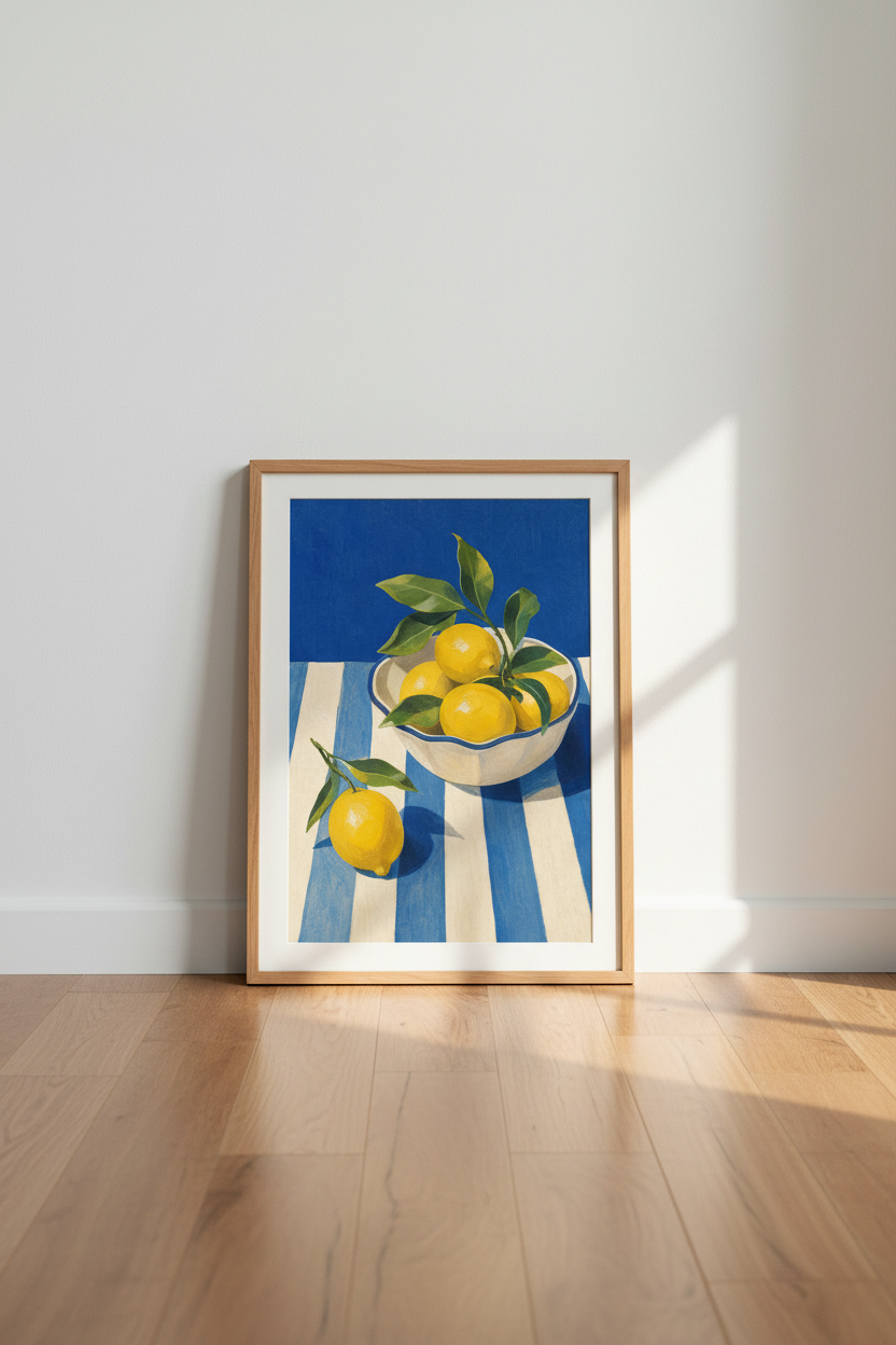 Mediterranean Lemon Wall Art Print | Blue and White Striped Kitchen Decor | Coastal Poster