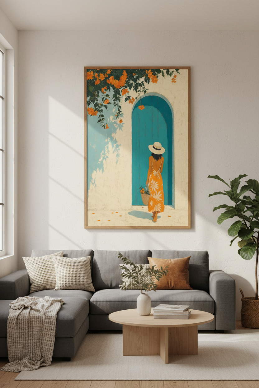 Mediterranean Woman Art Print | Orange & Teal Coastal Decor | Summer Poster
