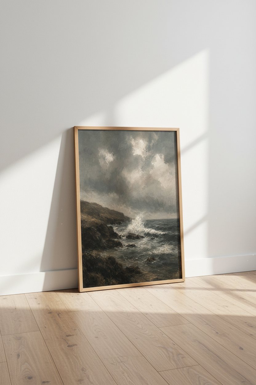 Stormy Waves Coastline Wall Art | Moody Dark Seascape, Living Room Decor