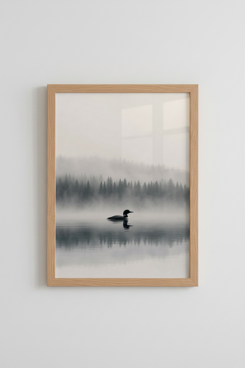 Loon Nature Art Print | Foggy Forest Pine Tree Poster, Lake House Decor