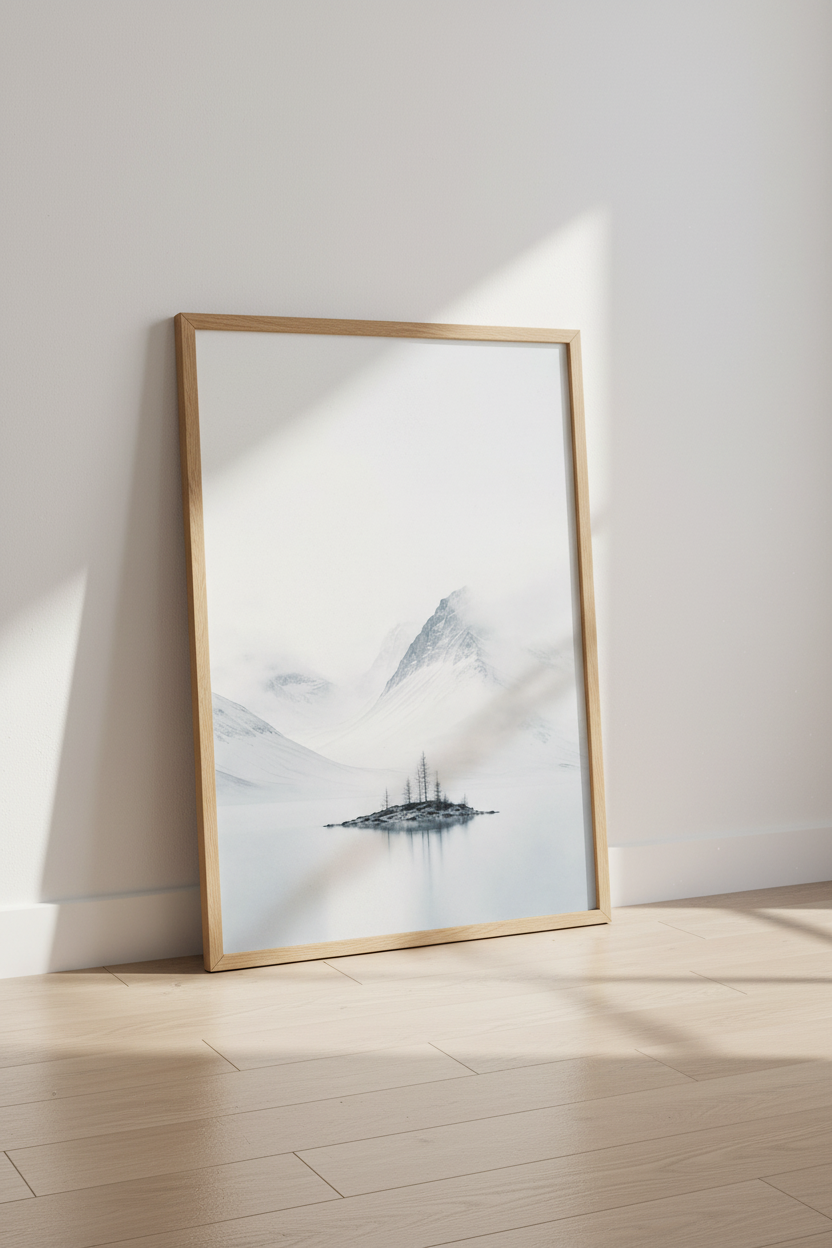 Minimalist Nature Print | Winter Mountain Landscape, Modern Foggy Lake Poster