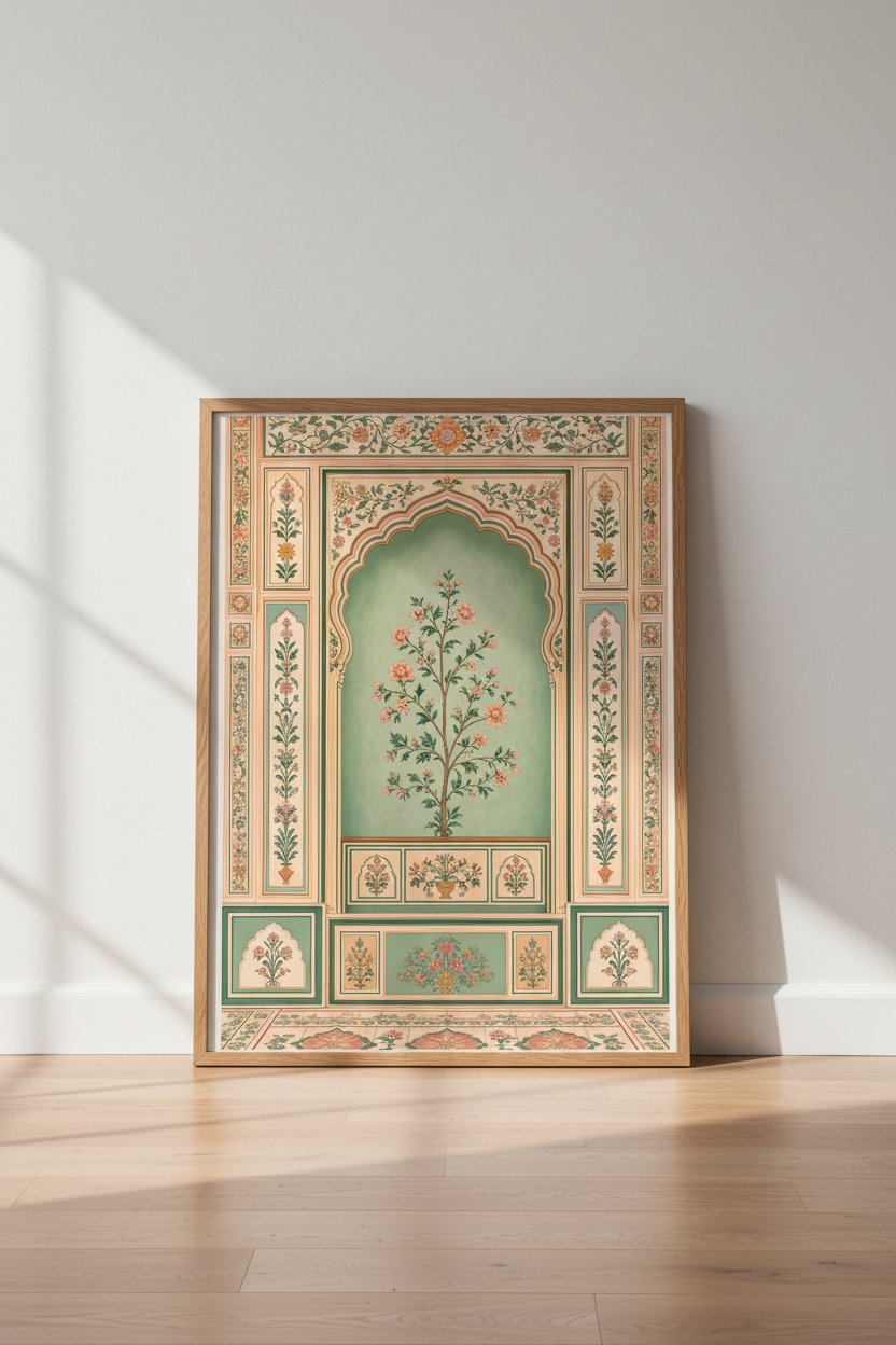 Mughal Floral Wall Art Print | Indian Archway Decor | Sage Green & Rose Poster