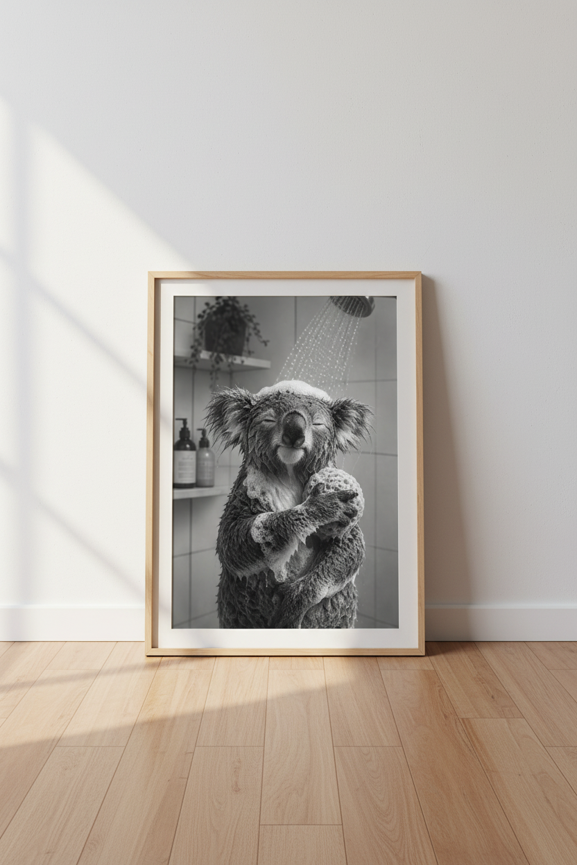 Koala in Shower Wall Art | Funny Animal Black & White Photo, Bathroom Decor