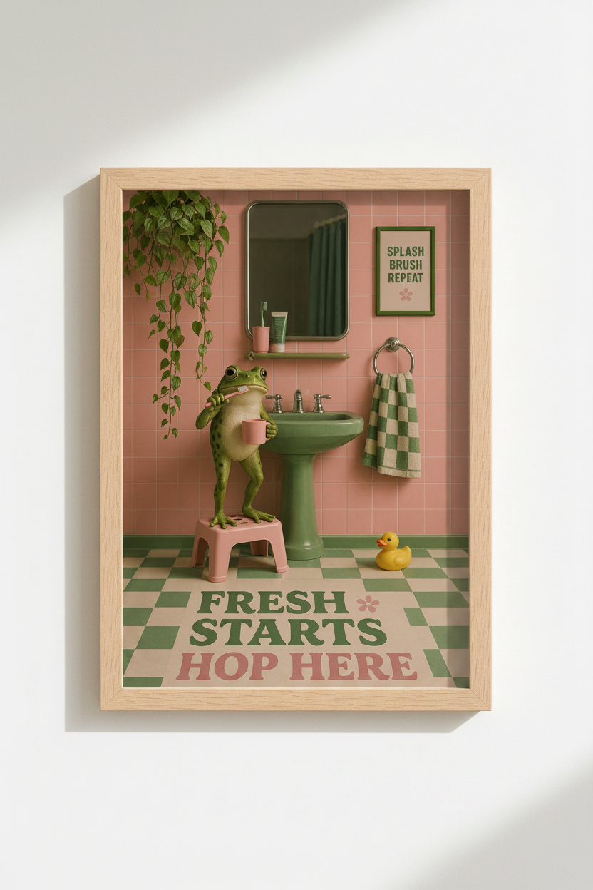 Frog Bathroom Wall Art Print | Retro Pink & Green Decor, Quirky Aesthetic Poster