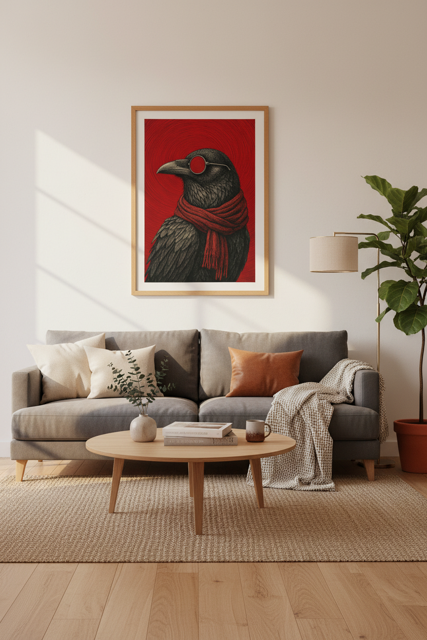 Raven Art Print | Gothic Dark Academia Crow Poster | Red and Black Wall Decor