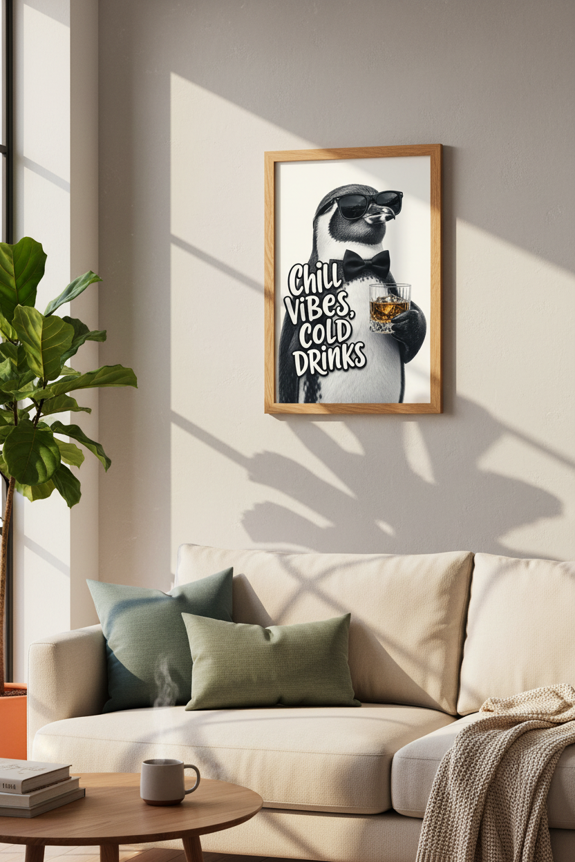 Cool Penguin Whiskey Wall Art | Funny Bar Decor | Dapper Animal Poster