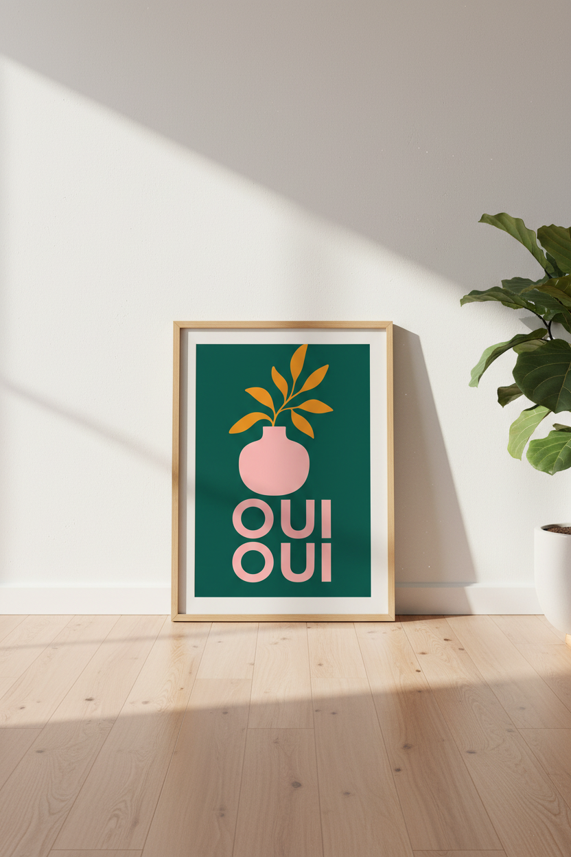 French Botanical Wall Art Print | Pink Floral Oui Oui Poster | Modern Kitchen Decor
