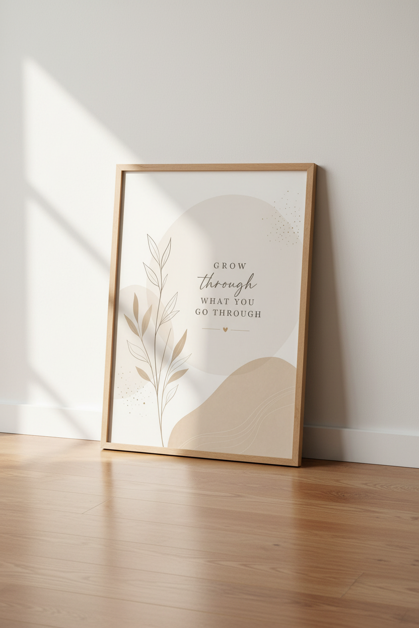 Grow Through Quote Wall Art | Neutral Boho Botanical Decor, Minimalist Poster