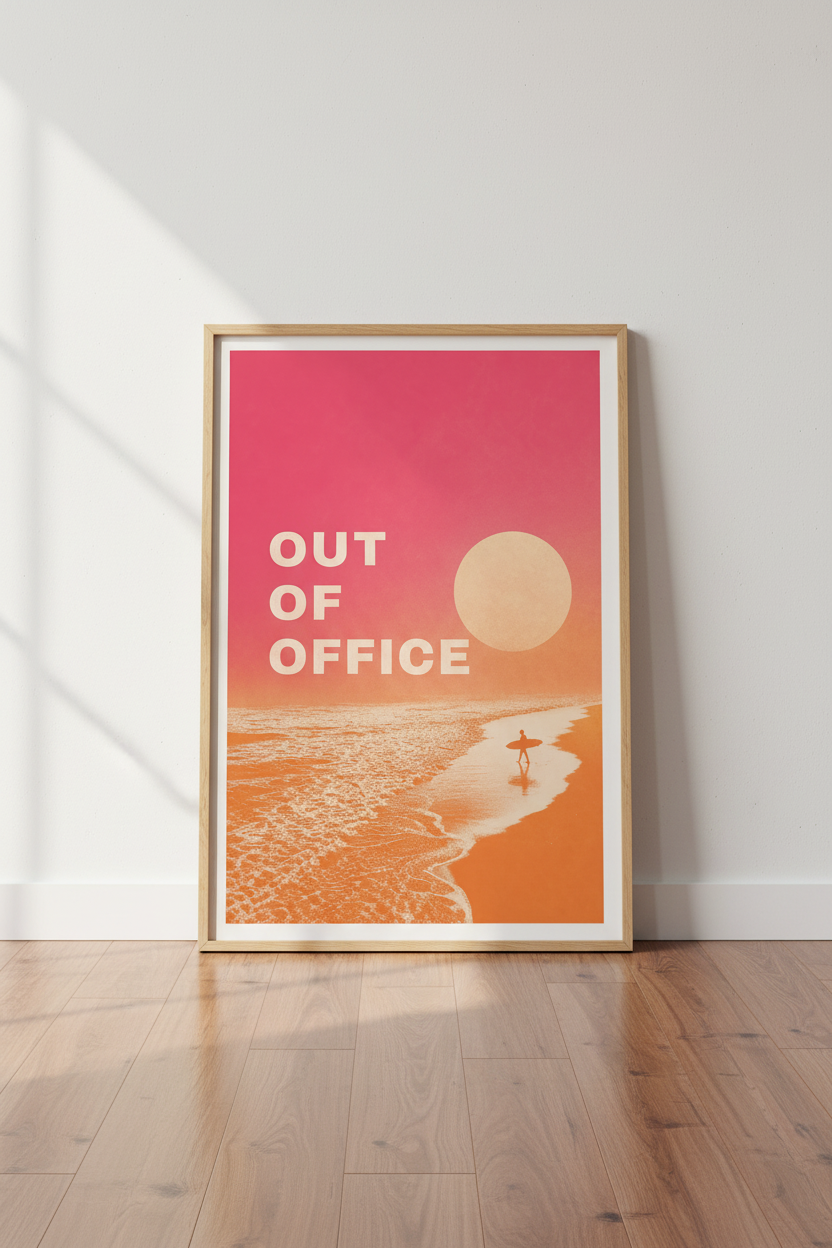Retro Surf Wall Art Print | Pink Sunset Beach Decor | Out Of Office Poster
