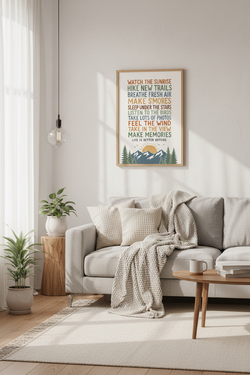 Outdoor Adventure Quote Art | Retro Mountain Poster, Hiking Cabin Decor