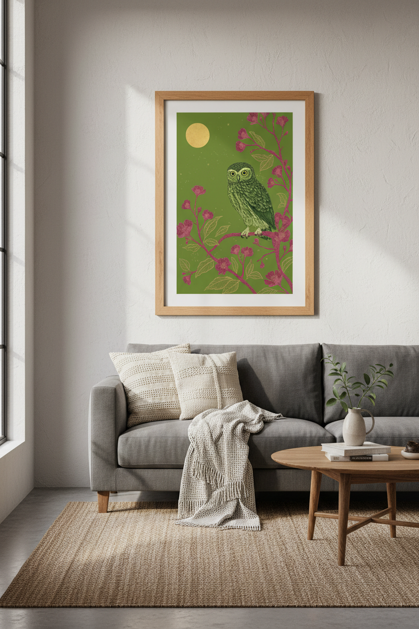 Green Owl & Pink Blossom Wall Art | Forest Moon Print | Whimsical Nature Decor