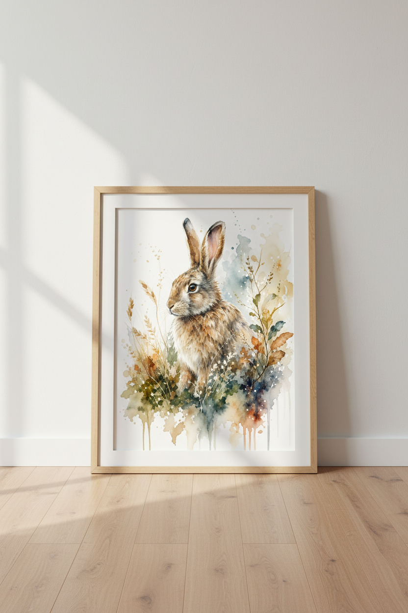 Watercolor Rabbit Wall Art | Woodland Hare Nursery Decor | Rustic Nature Poster