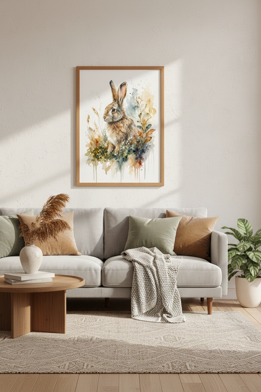 Watercolor Rabbit Wall Art | Woodland Hare Nursery Decor | Rustic Nature Poster